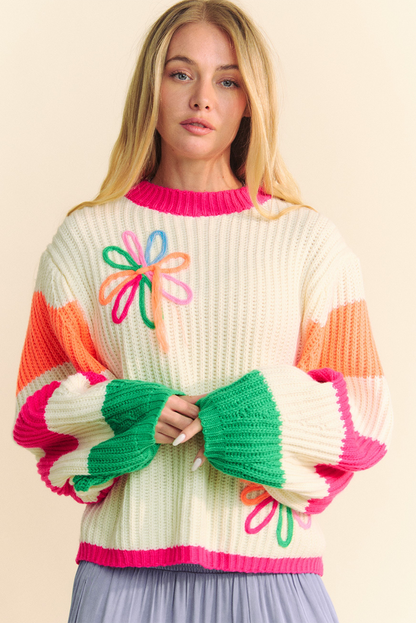 Flower Colorblock Puff Sleeve Sweater