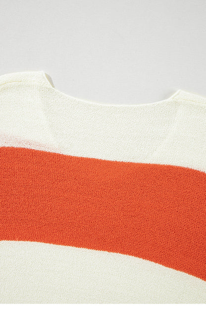 Orange Colorblock V Neck Side Slits Sweater