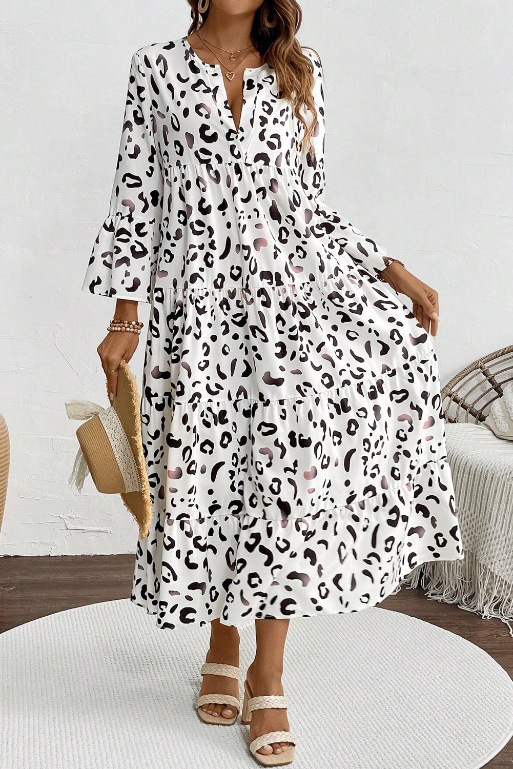 Leopard Print Notch V Neck Loose Fit Maxi Dress