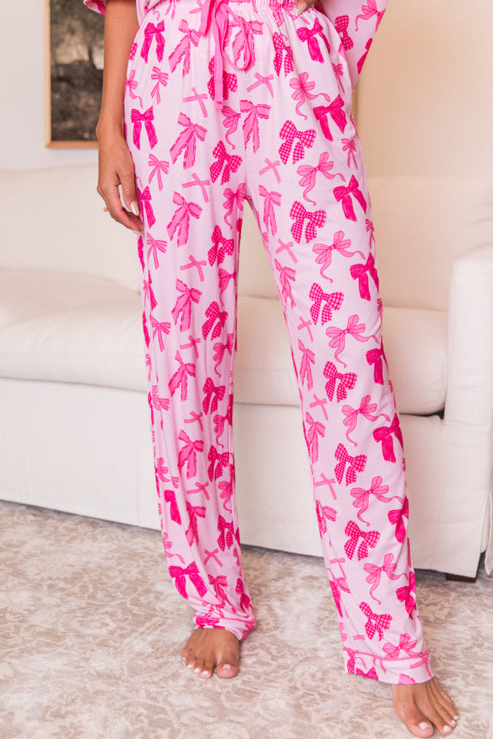 Pink Bow Knot Print Lapel Collar Short Sleeve and Pants Pajamas Set