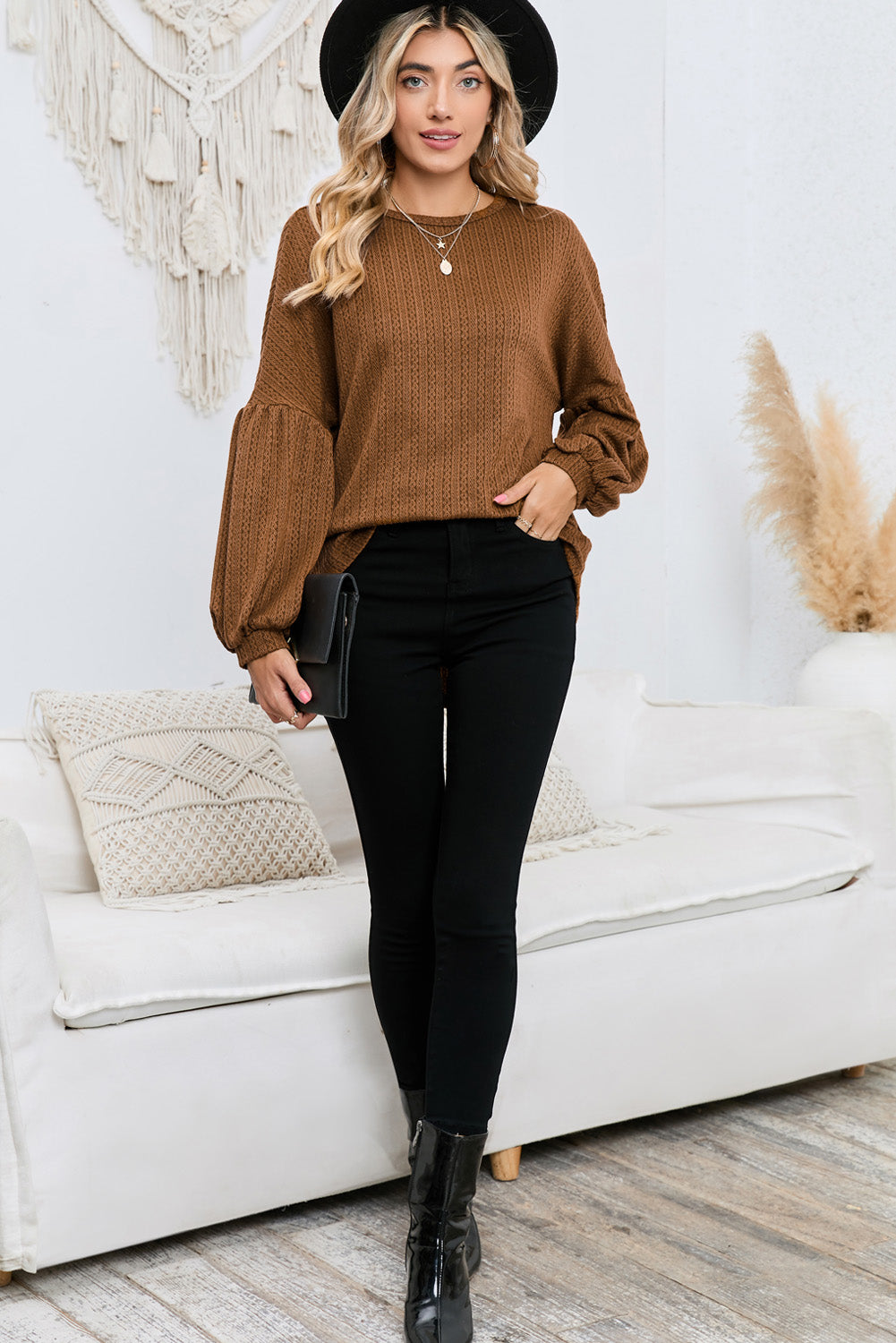 Textured Lantern Sleeve Top