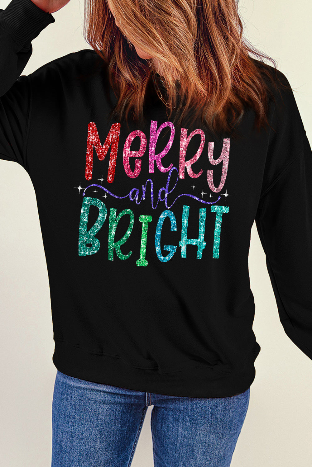 Glittering Merry and Bright Graphic Christmas Pullover Sweatshirt