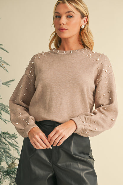 Smoke Gray Pearl Drop Shoulder Round Neck Sweater