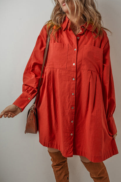 Bishop Sleeve Button-Up Pleated Mini Shirt Dress