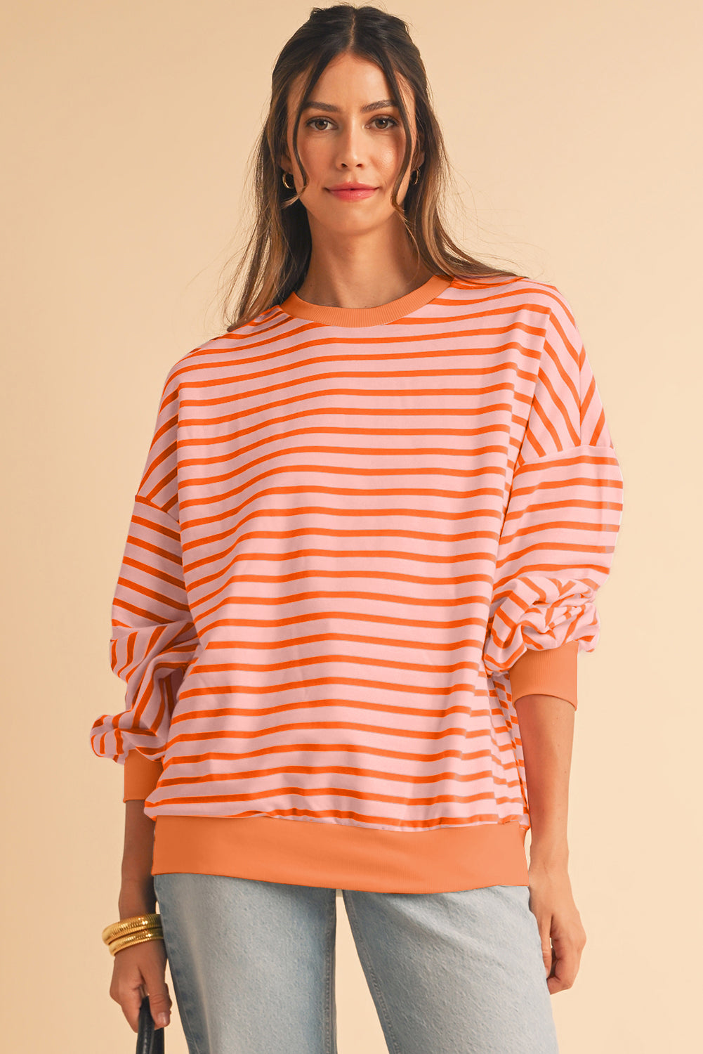 Orange Stripe Drop Shoulder Crew Neck Loose Sweatshirt