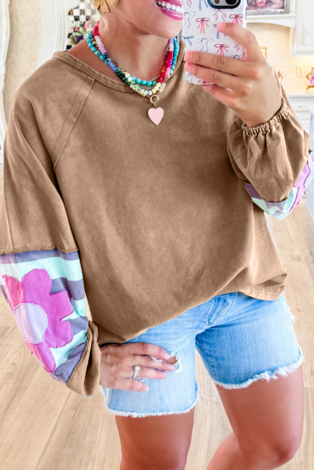 Flower Patchwork Exposed Seam Raglan Sleeve Top