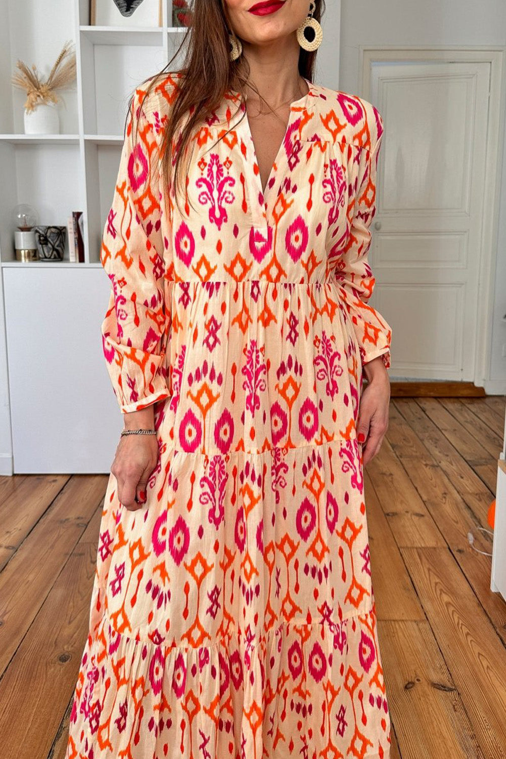 Abstract Geometric Printed V Neck Maxi Dress