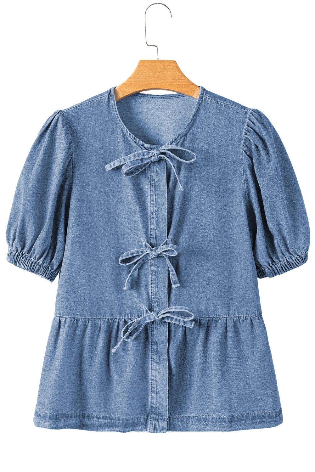 Dusk Blue Bow Tie Front Bubble Sleeve Peplum Denim Shirt