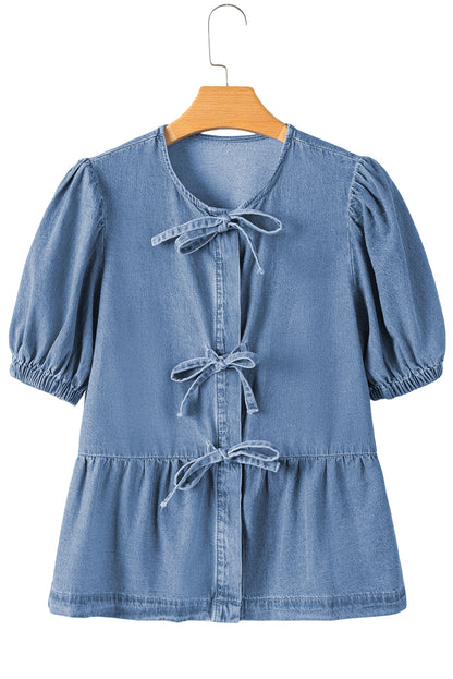 Dusk Blue Bow Tie Front Bubble Sleeve Peplum Denim Shirt