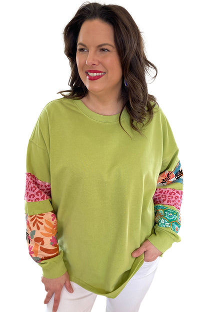 Rose Red Leopard Patchwork Sleeve Split Plus Sweatshirt