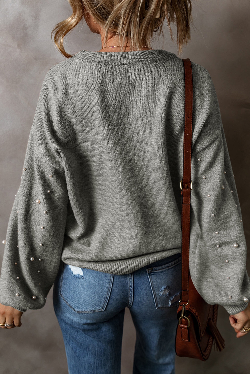 Smoke Gray Pearl Drop Shoulder Round Neck Sweater