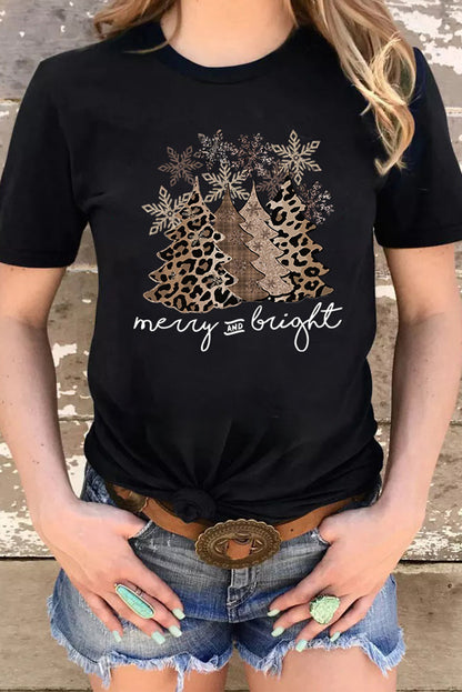 Leopard Christmas Tree Casual Crew Neck Graphic Tee