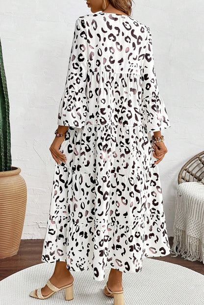 Leopard Print Notch V Neck Loose Fit Maxi Dress