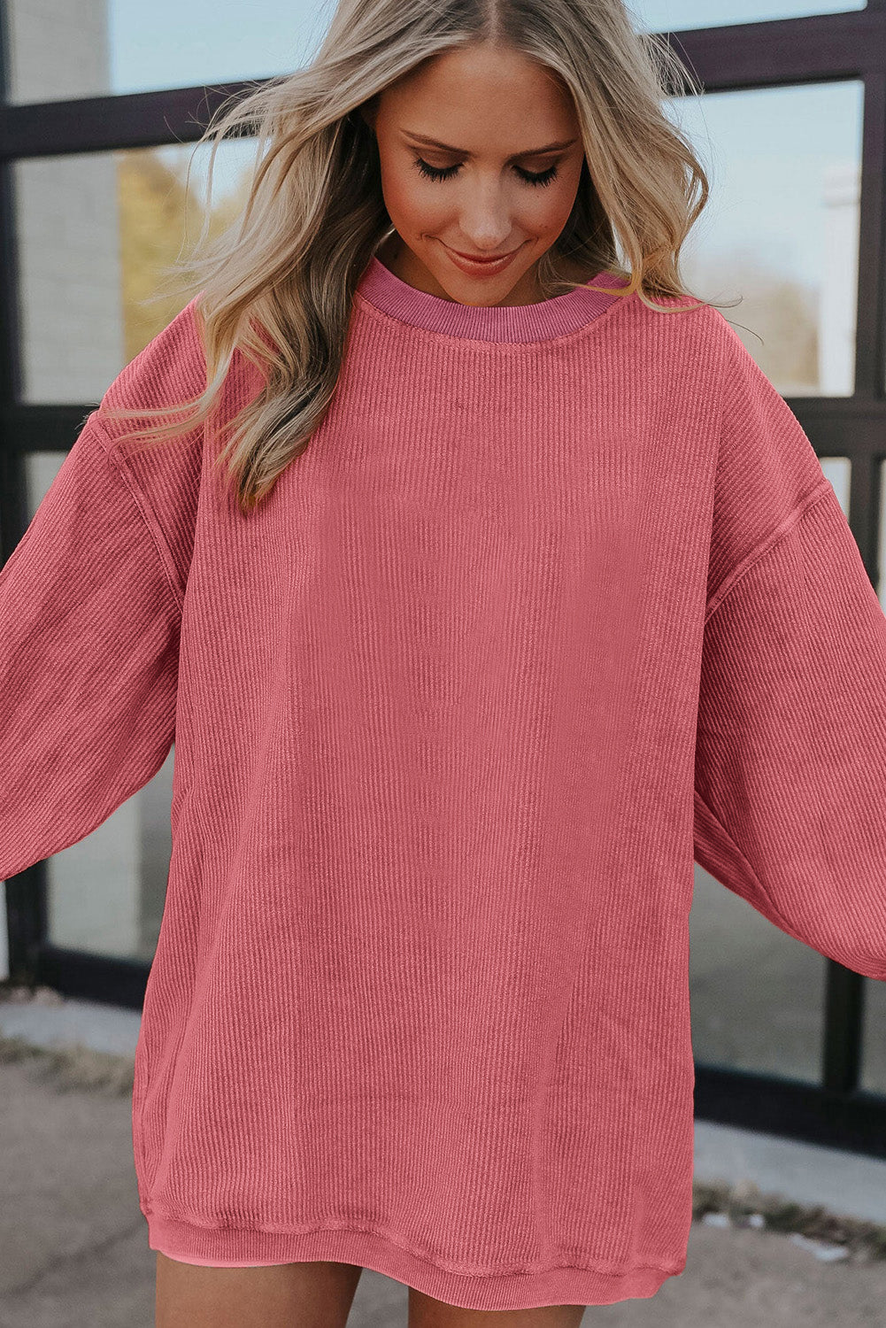 Plain Drop Sleeve Crinkle Rib Oversized Sweatshirt