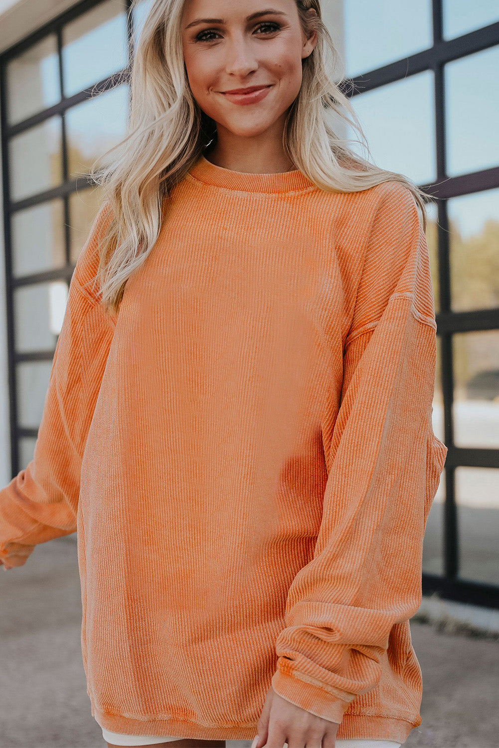 Plain Drop Sleeve Crinkle Rib Oversized Sweatshirt