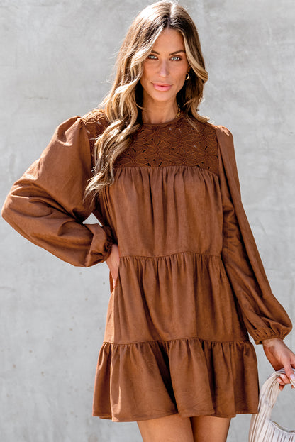 Chestnut Floral Lace Crochet Tiered Ruffle Mini Dress