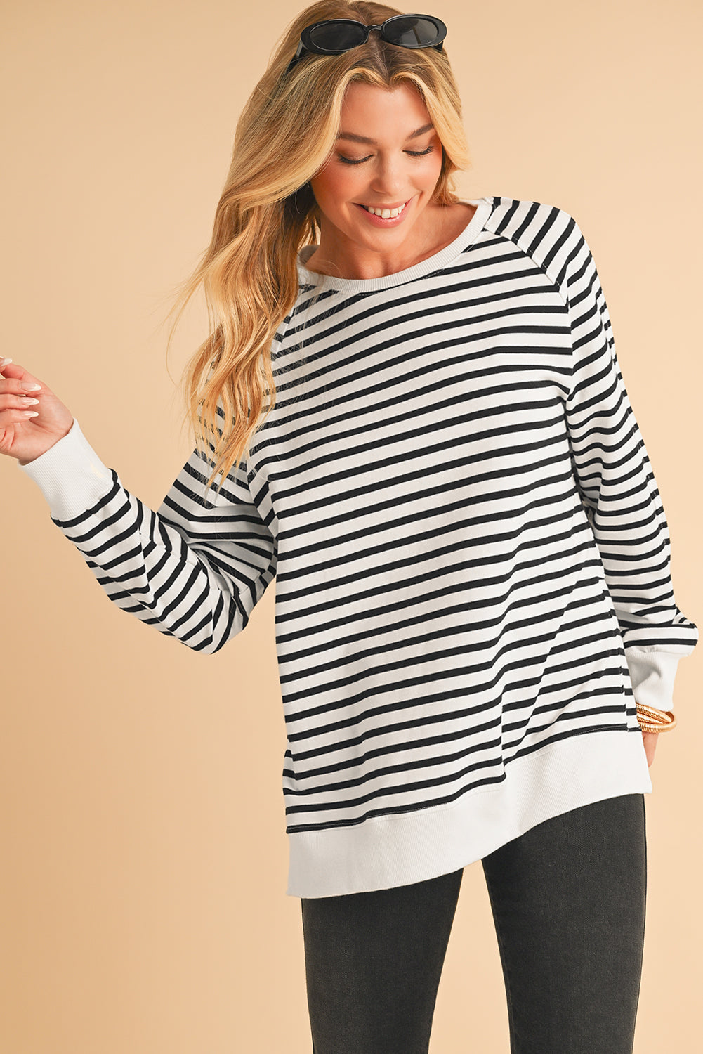 Black Stripe Raglan Sleeve Loose Split Sweatshirt