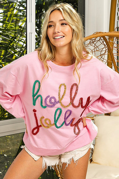 Pink Holly Jelly Round Neck Casual Pullover Sweatshirt