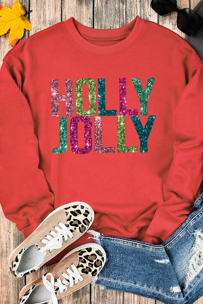 Glittering HOLLY JOLLY Graphic Christmas Pullover Sweatshirt