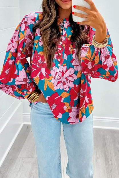 Floral Print Balloon Sleeve Half Buttons Blouse