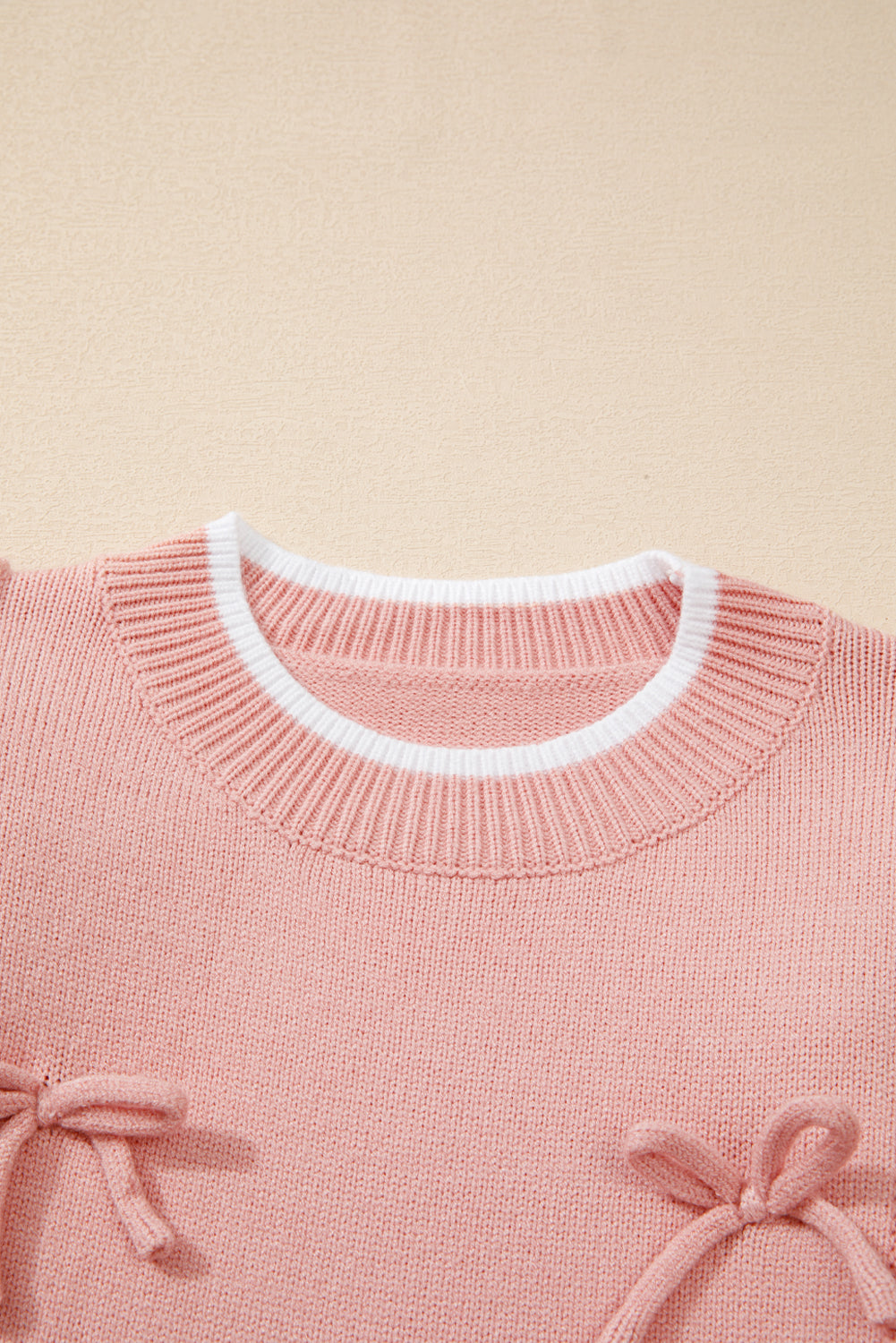 Light Pink Bow Detail Contrast Trim Ruffle Sweater