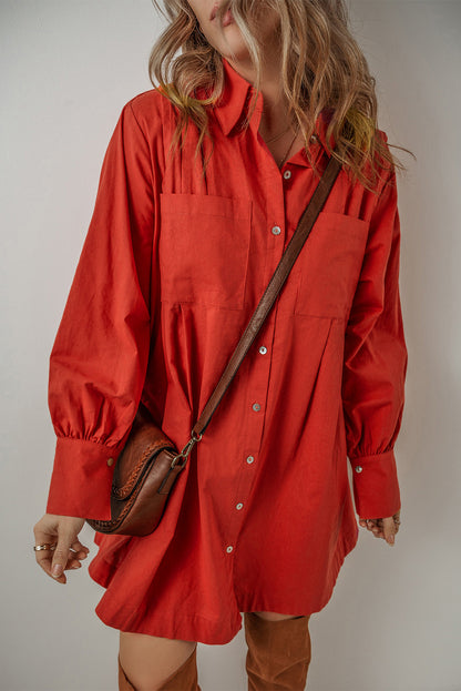 Bishop Sleeve Button-Up Pleated Mini Shirt Dress