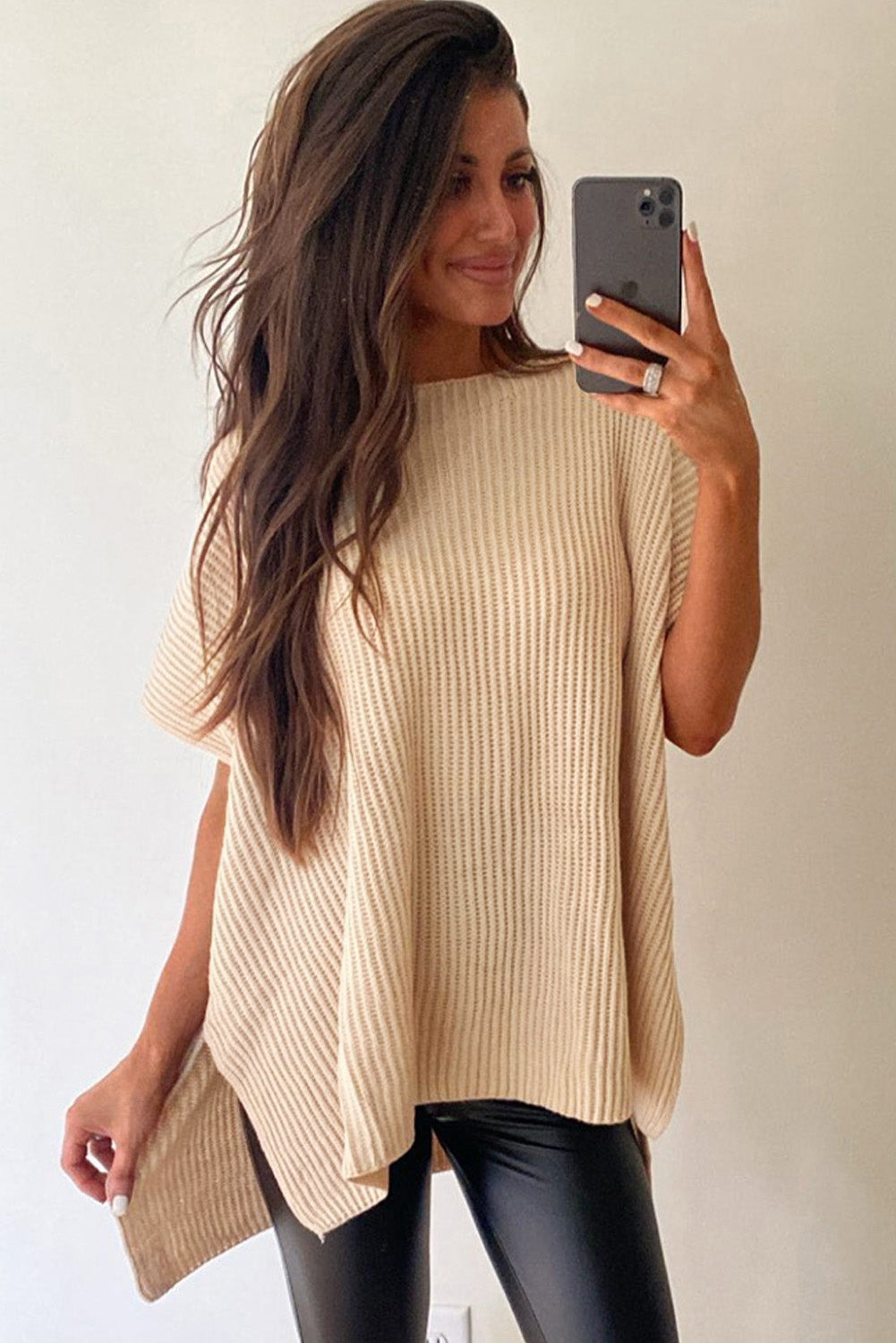 Side Slit Short Sleeve Oversized Sweater