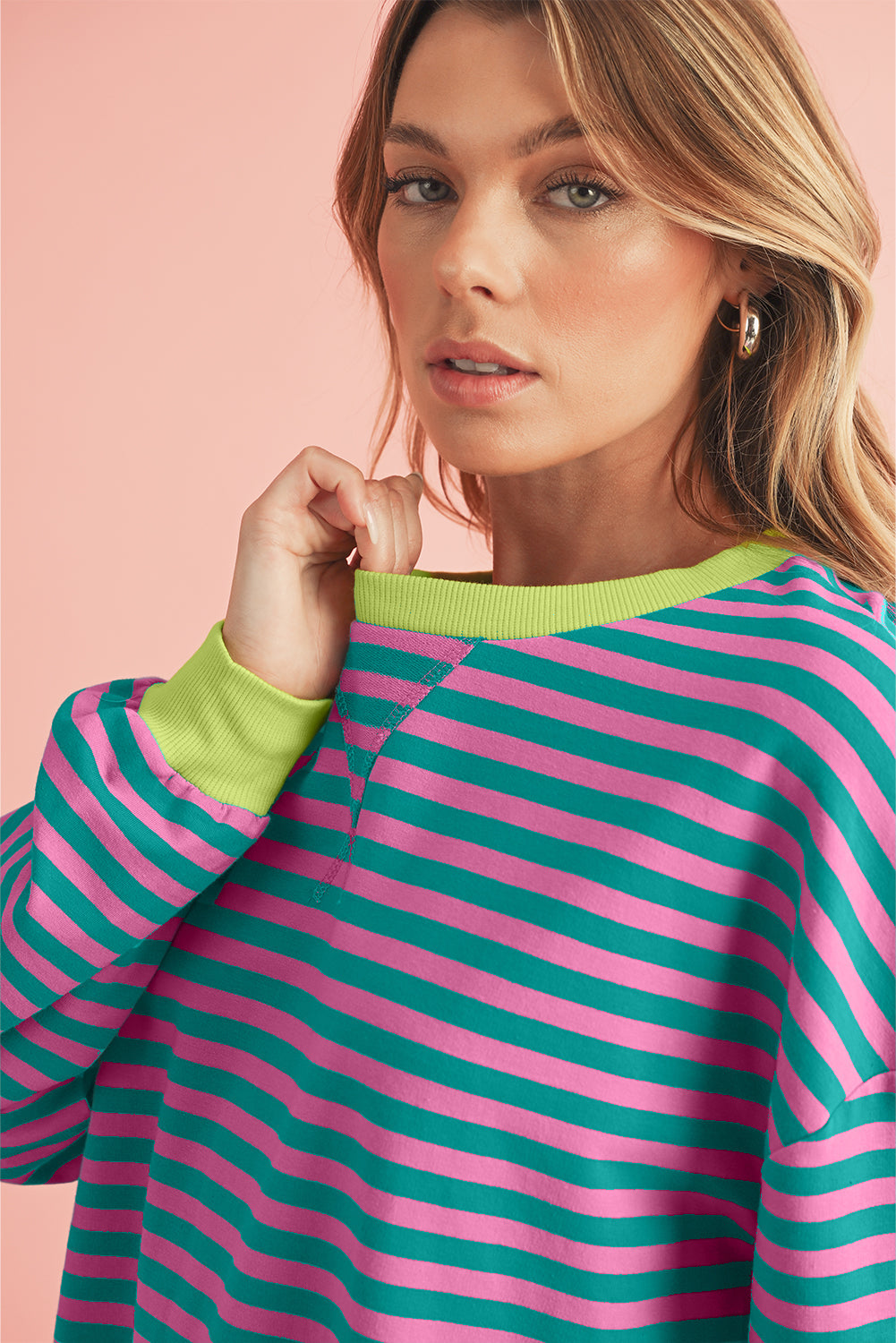 Green Stripe Contrast Edge Oversized Sweatshirt