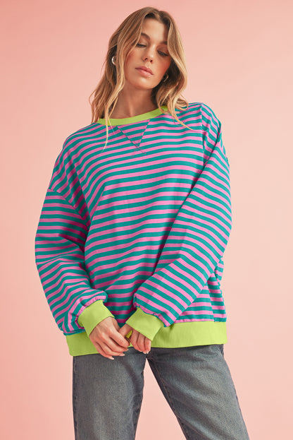 Green Stripe Contrast Edge Oversized Sweatshirt