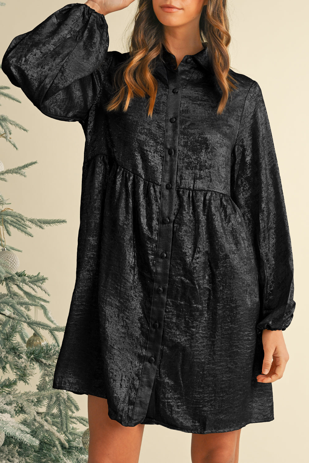 Metallic Sheen Puff Sleeve Button Up Mini Shirt Dress