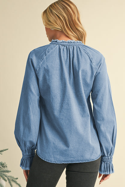 Sky Blue Frilled Raw Hem Half Buttoned Denim Top