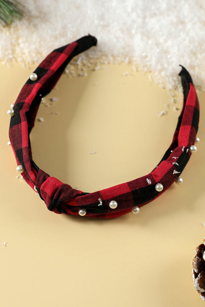 Red Dahlia Plaid Knotted Pearl Headband