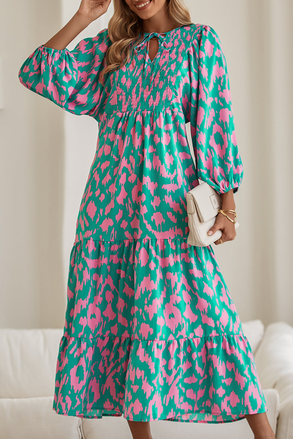 Abstract Print Puff Sleeve Smocked V Neck Maxi Dress