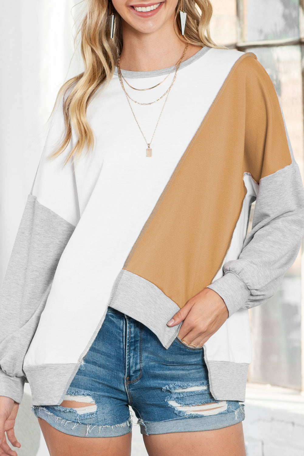 Khaki Colorblock Stitching Irregular Hem Long Sleeve Top