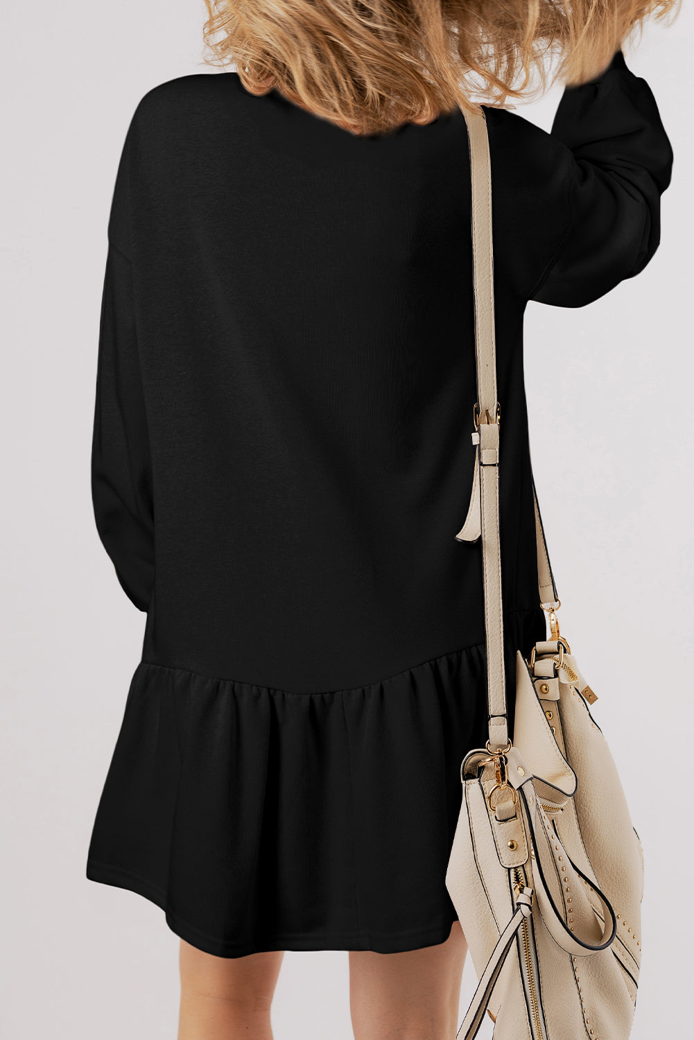 Black Solid Color Ruffle Hem Mini Sweatshirt Dress