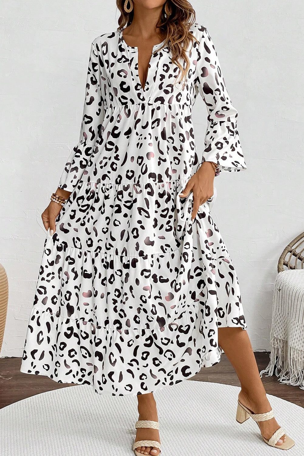 Leopard Print Notch V Neck Loose Fit Maxi Dress