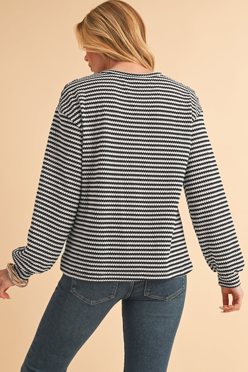 Khaki Stripe Round Neck Drop Shoulder Long Sleeve Top