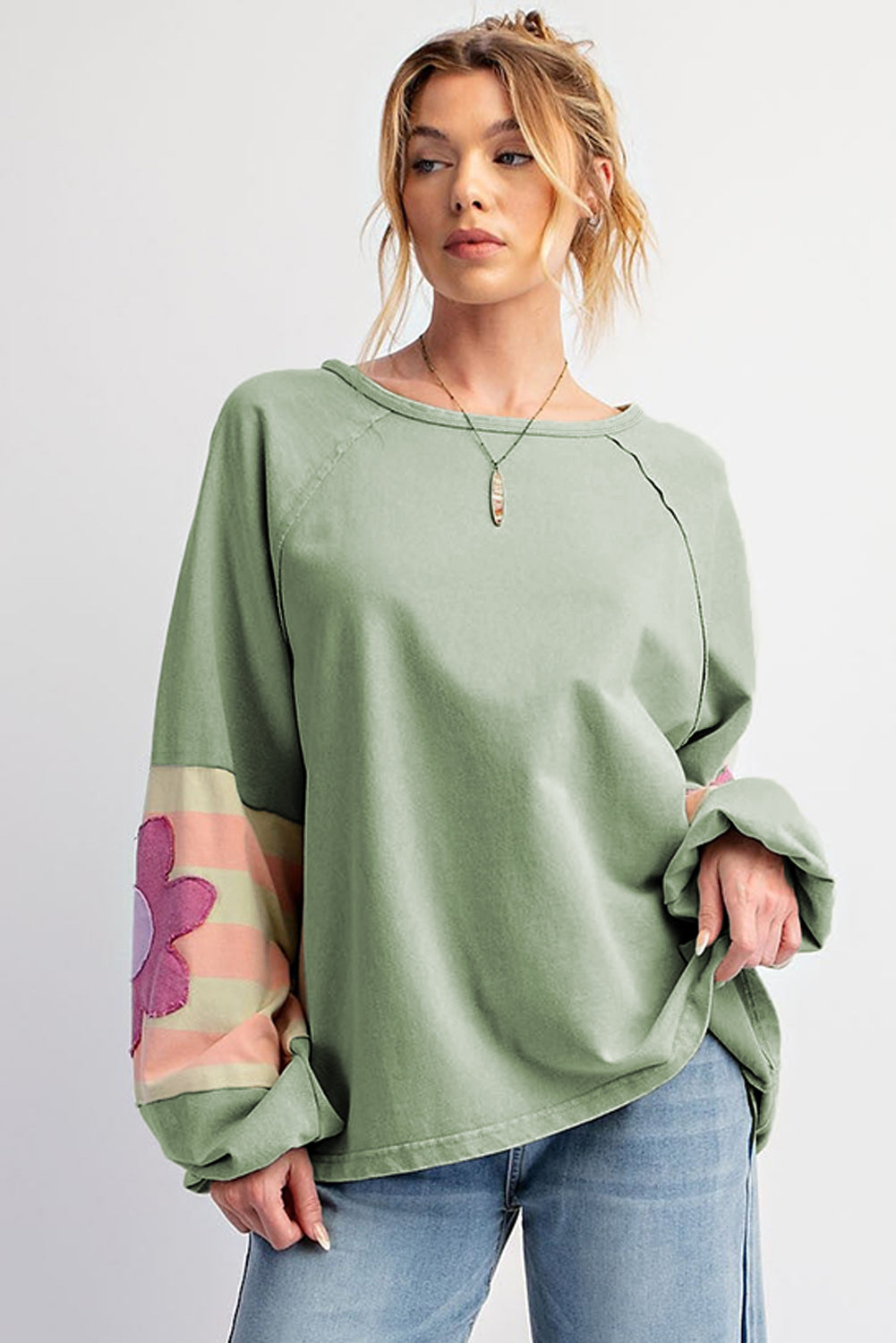 Flower Patchwork Exposed Seam Raglan Sleeve Top