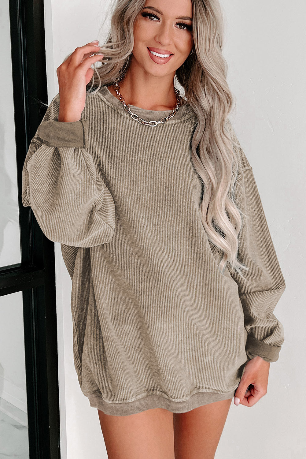 Ribbed Round Neck Drop Sleeve Pullover Sweatshirt