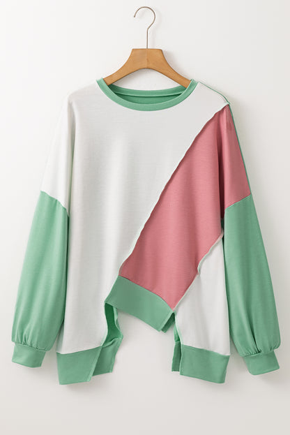 Khaki Colorblock Stitching Irregular Hem Long Sleeve Top