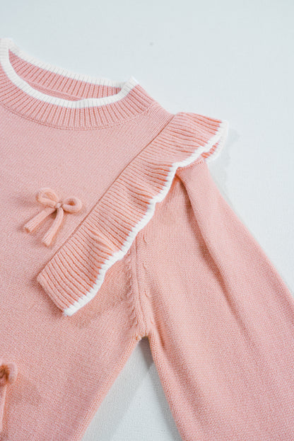 Light Pink Bow Detail Contrast Trim Ruffle Sweater