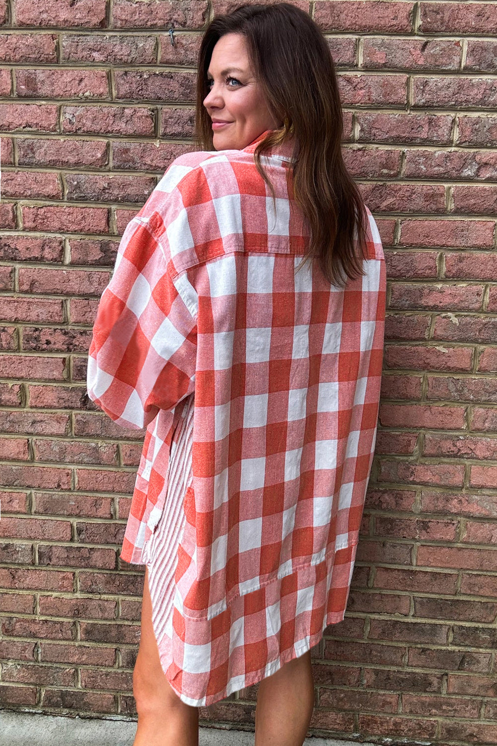 Pink Plaid Oversized Raw Hem Long Sleeve Dress