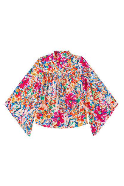 Multicolour Flower Print V Neck Bell Sleeve Blouse