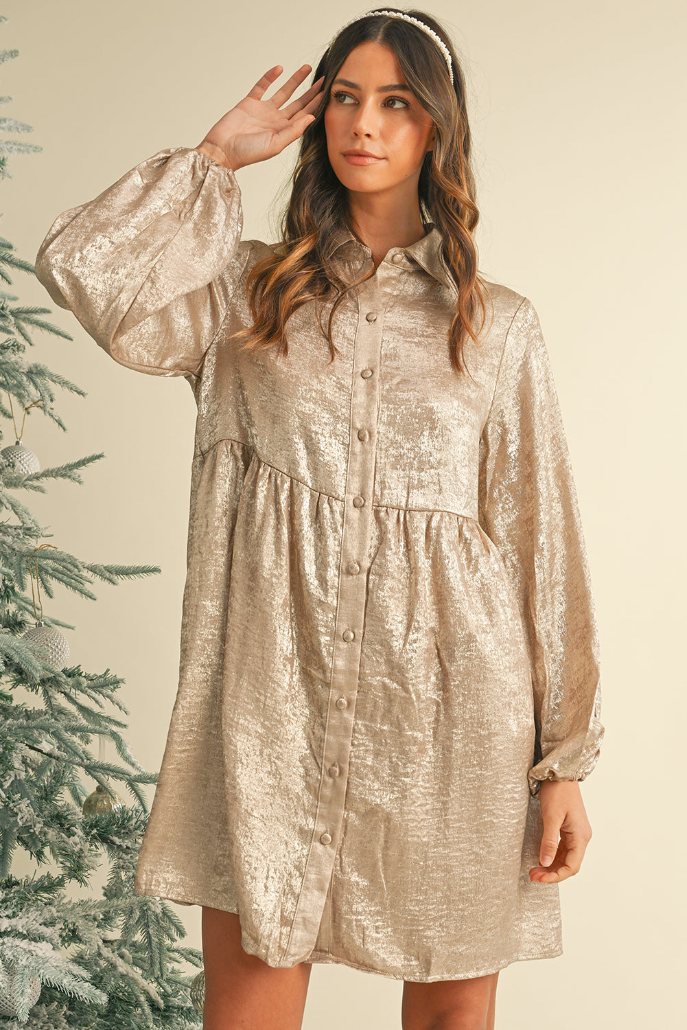 Metallic Sheen Puff Sleeve Button Up Mini Shirt Dress