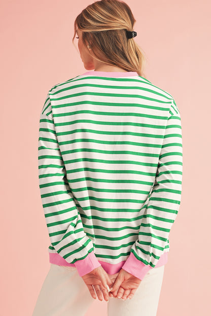 Bright Green Striped Contrast Trim Long Sleeve Top