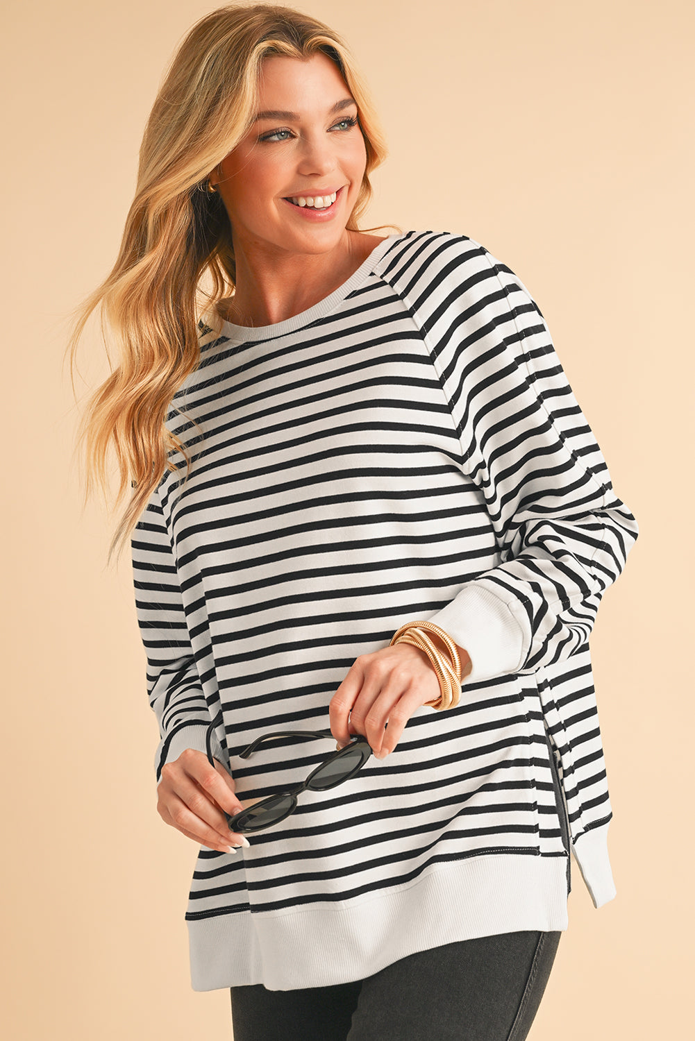 Black Stripe Raglan Sleeve Loose Split Sweatshirt