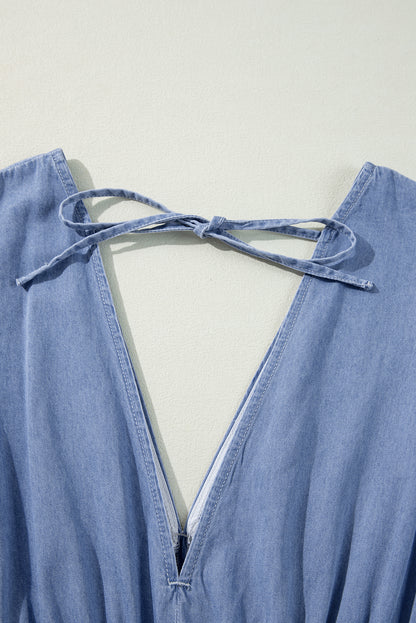 Chambray Deep V Neck Bracelet Sleeve Maxi Dress