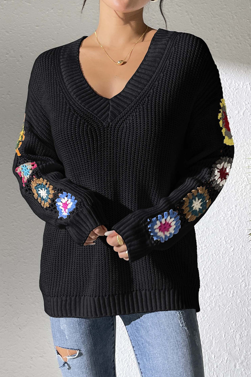 Black Crochet Flower Splicing V-Neck Pullover Sweater