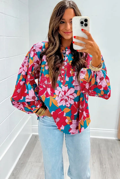 Floral Print Balloon Sleeve Half Buttons Blouse