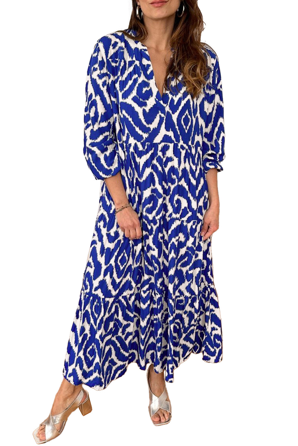 Abstract Geometric Printed V Neck Maxi Dress